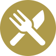 white fork and knife icon on a taupe-colored circle