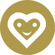 Heart icon with a smiley face on a taupe-colored circle