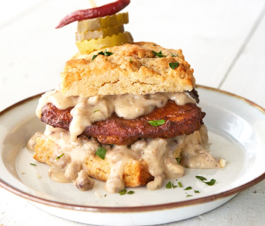 battered sous vide chicken on a waffle