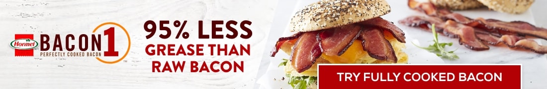95% less grease than raw bacon. Try HORMEL® BACON 1™ Perfectly Cooked Bacon Now