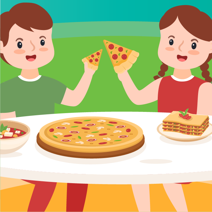 Two kids sharing a pizza