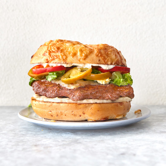 asiago bagel with battered sous-vide chicken