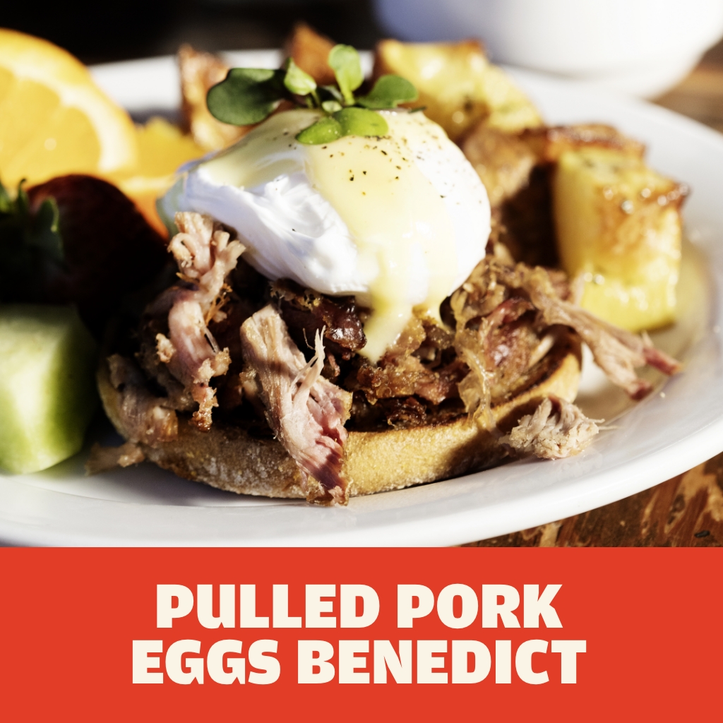 AUSTIN BLUES Hardwood Pulled Pork Eggs Benedict on an English muffin with a poached egg, hollandaise sauce, potatoes and fruit.