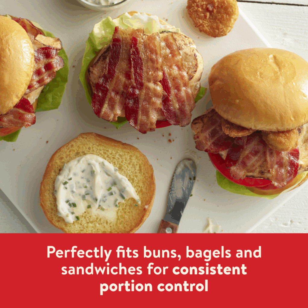 Hormel Bacon 1 Half Slices on three buns with lettuce tomato and herbed mayo