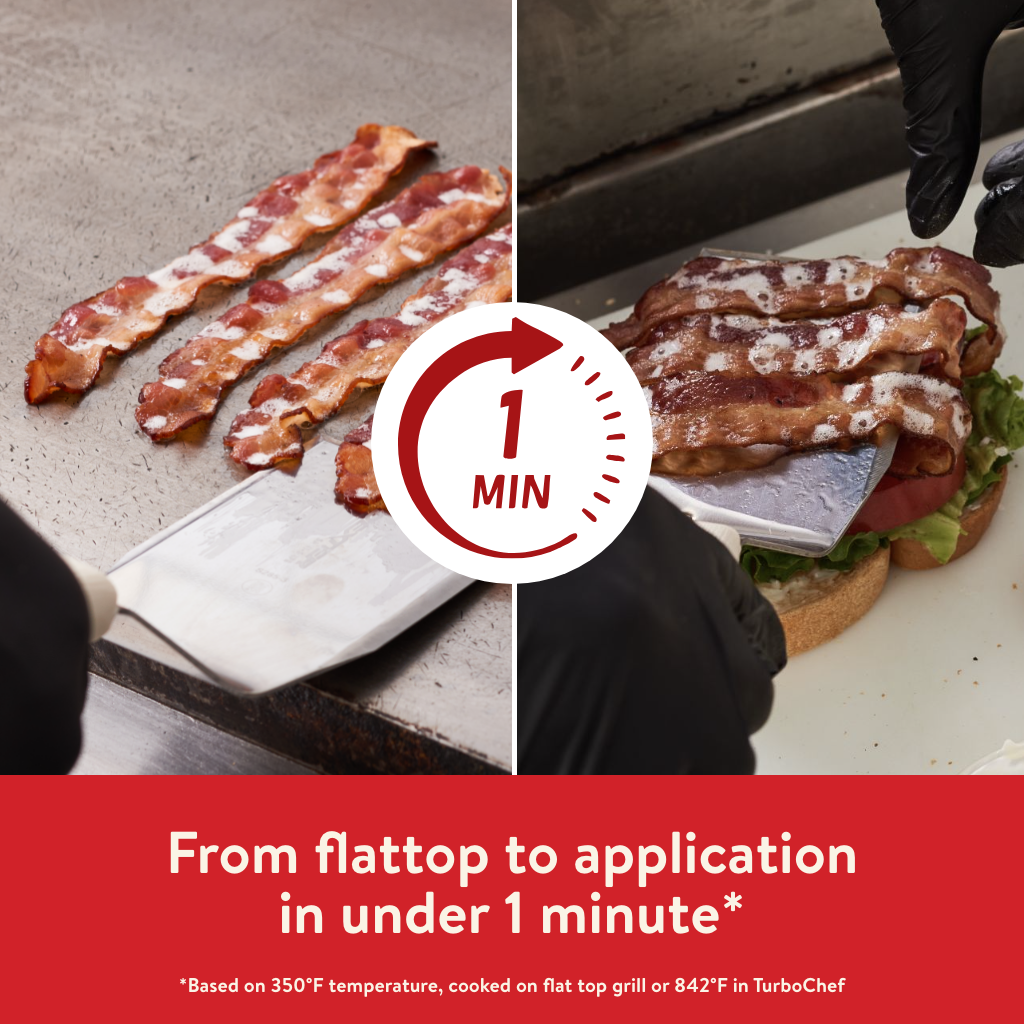 Left image of Hormel Bacon 1 cooking on a flat top grill and being put on a BLT on the right. White circle with red text that reads