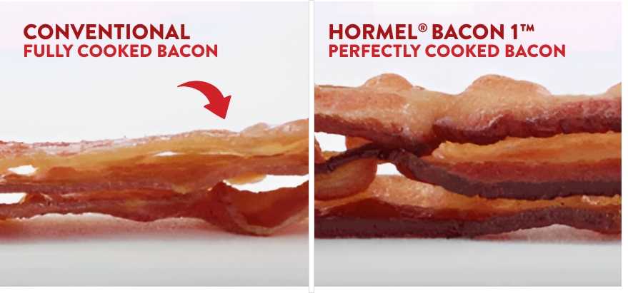 Side by side of conventional fully cooked bacon next to thick slices of Hormel Bacon 1 Perfectly Cooked Bacon