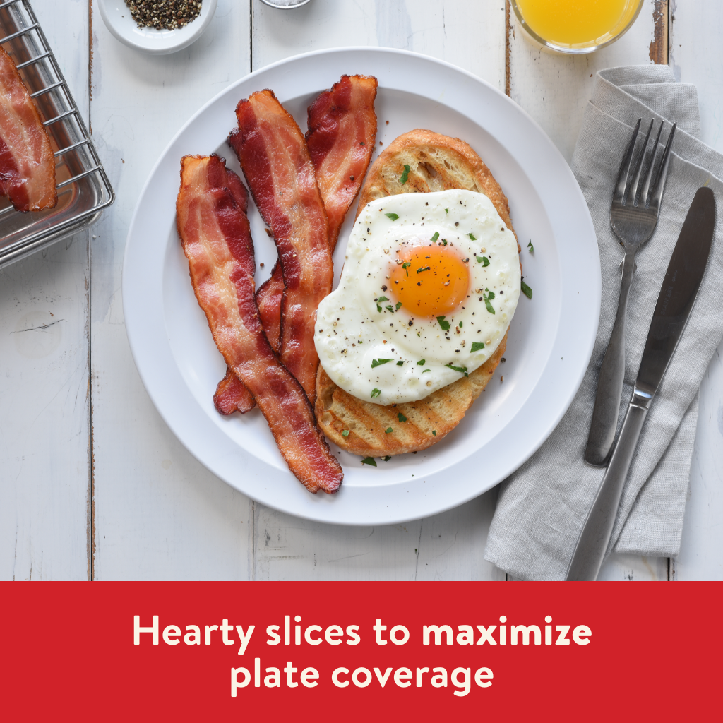 Fan of several glistening slices of Hormel Bacon 1 with a red bar on the bottom of the image that reads in white text