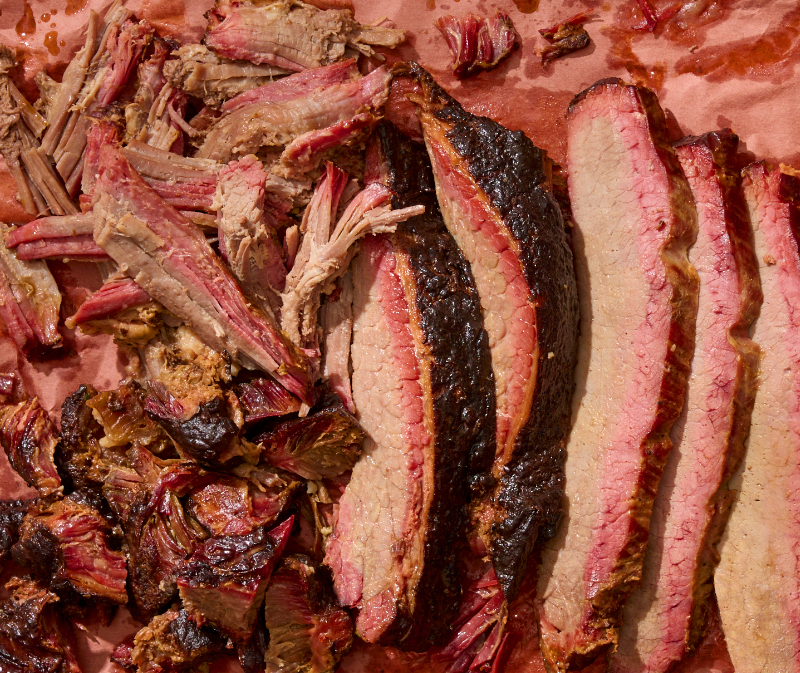 A variety of pit smoked brisket