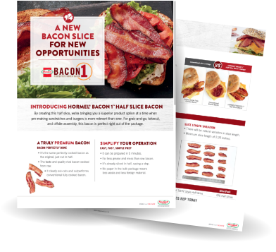 Two pages of Hormel Bacon 1 sell sheet with the title A New Bacon Slice For New Opportunities