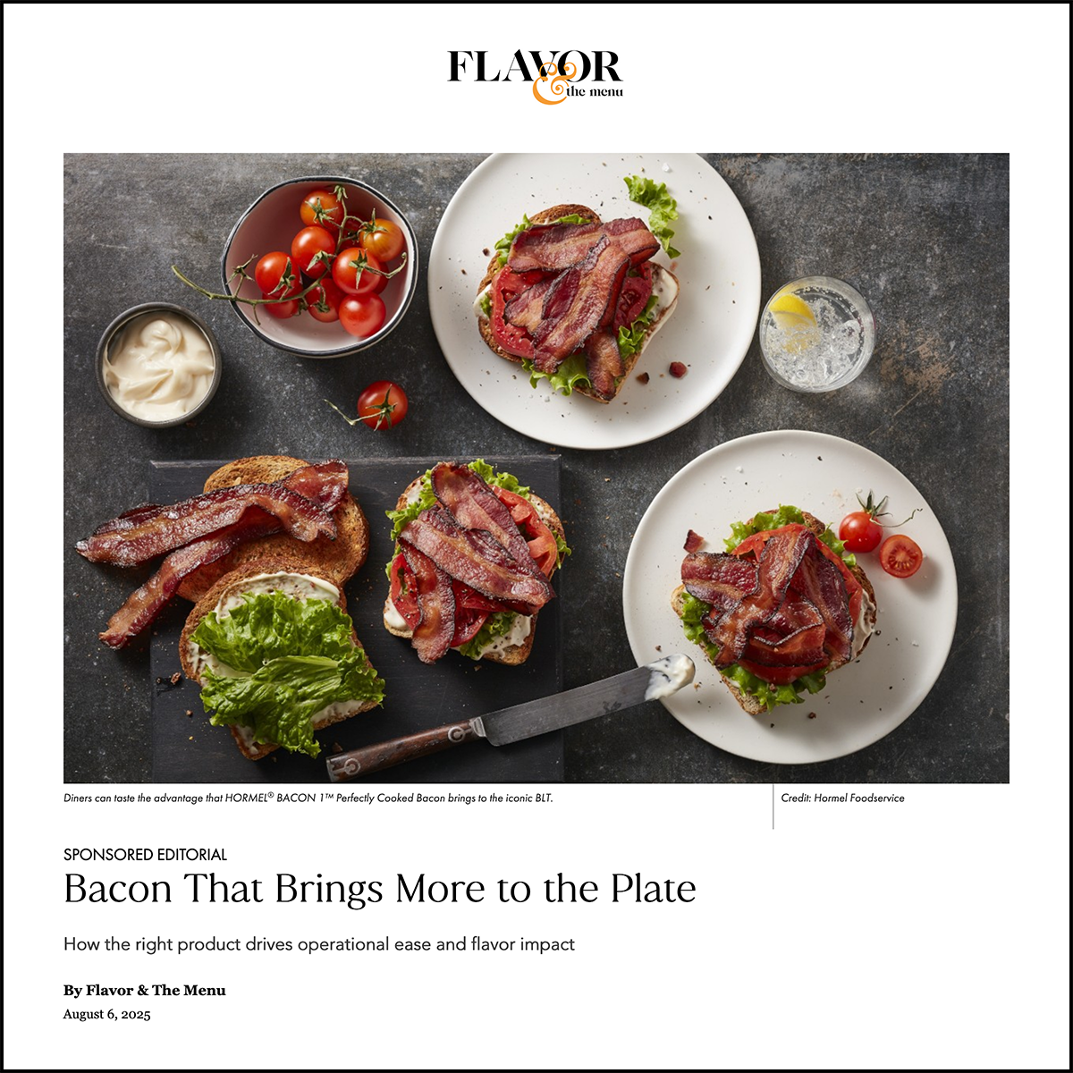 Flavor and the Menu article header image that shows a tabletop with BLT sandwiches on white plates and ingredients.