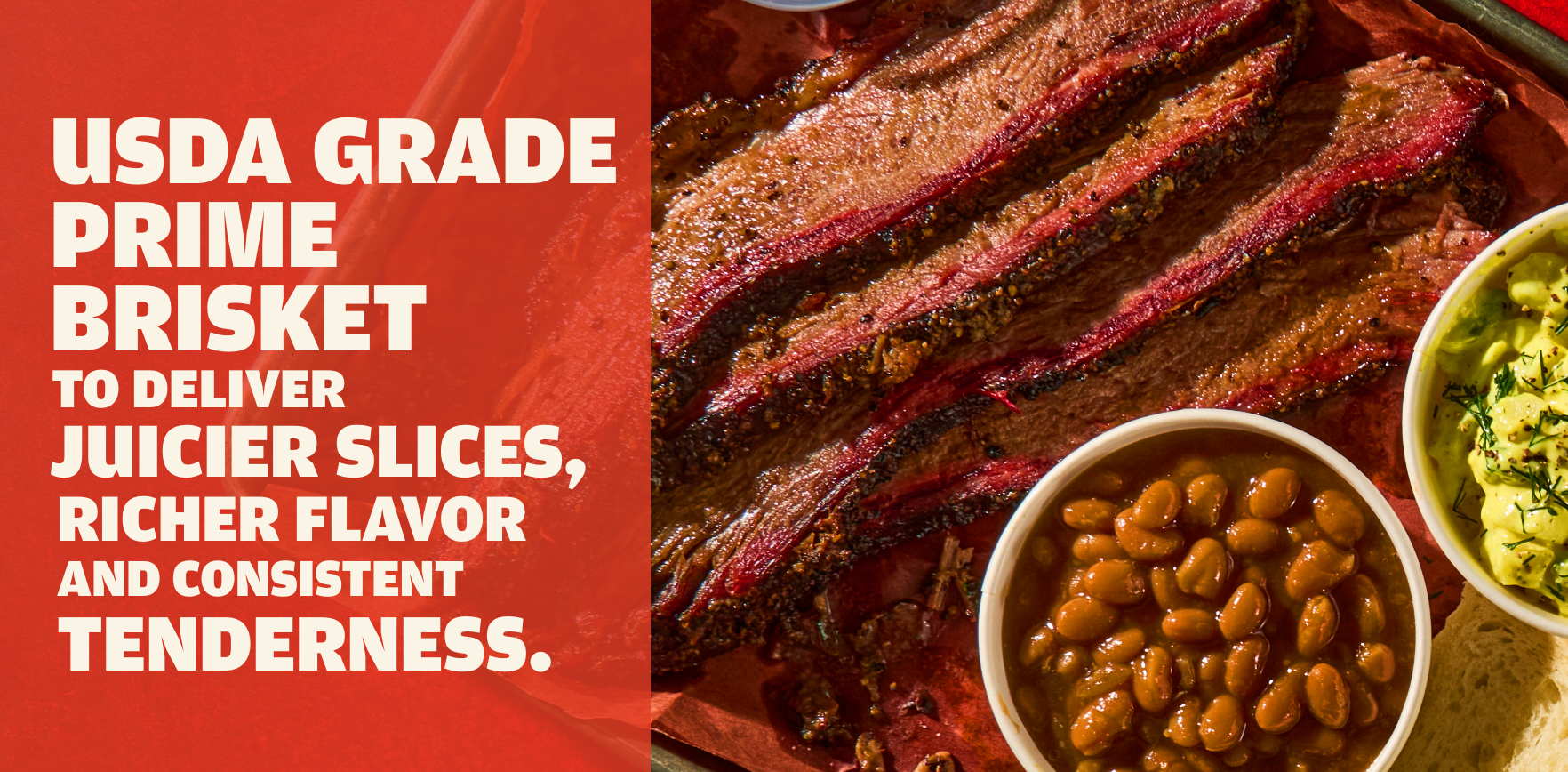 Sliced brisket platter with baked beans and guacamole with image text overlay "USDA Grade Prime Brisket to deliver juicier slices, richer flavor and consistent tenderness. 