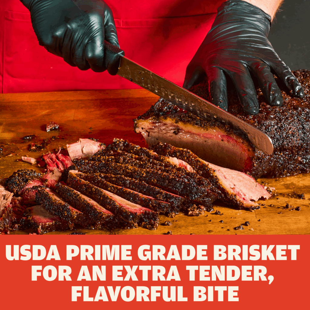USDA Prime Grade Brisket for an extra tender, flavorful bite text with image of a chef's hands slicing Austin Blues Texas Prime Brisket.