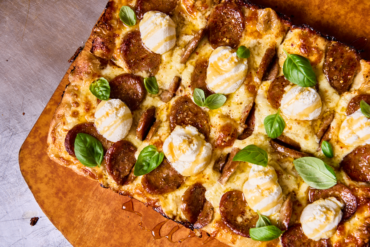 Hot Honey Sliced Sausage with Ricotta Pizza