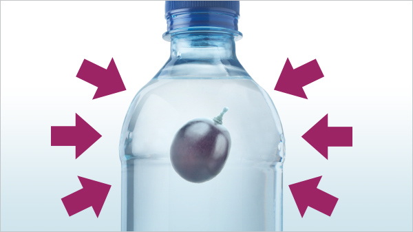 a grape inside of a water bottle to help understand the HPP process