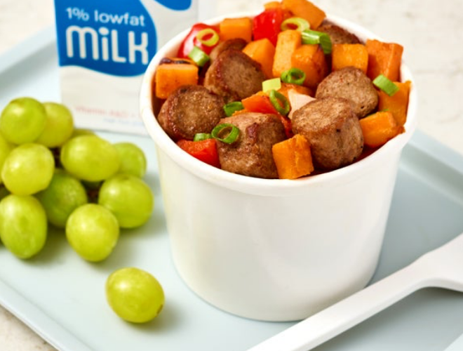 sweet potato hash with turkey sausage and a side of grapes and milk