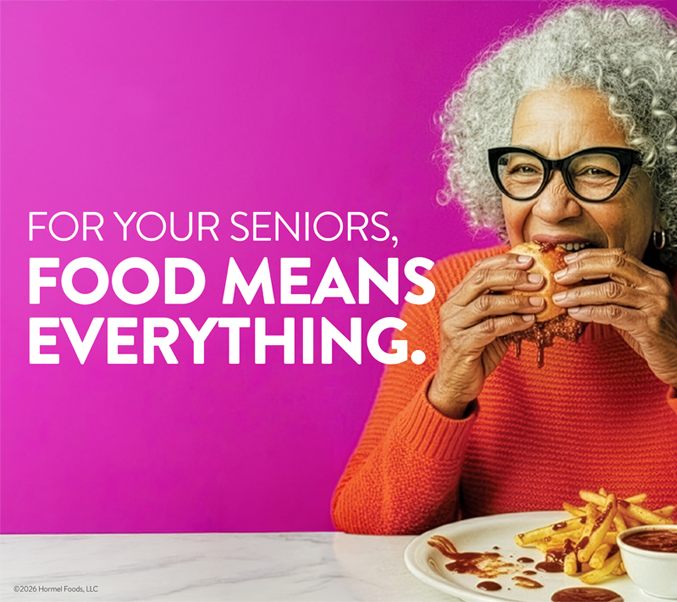For Your Seniors Food Means Everything headline with elderly woman eating a barbecue sandwich and fries