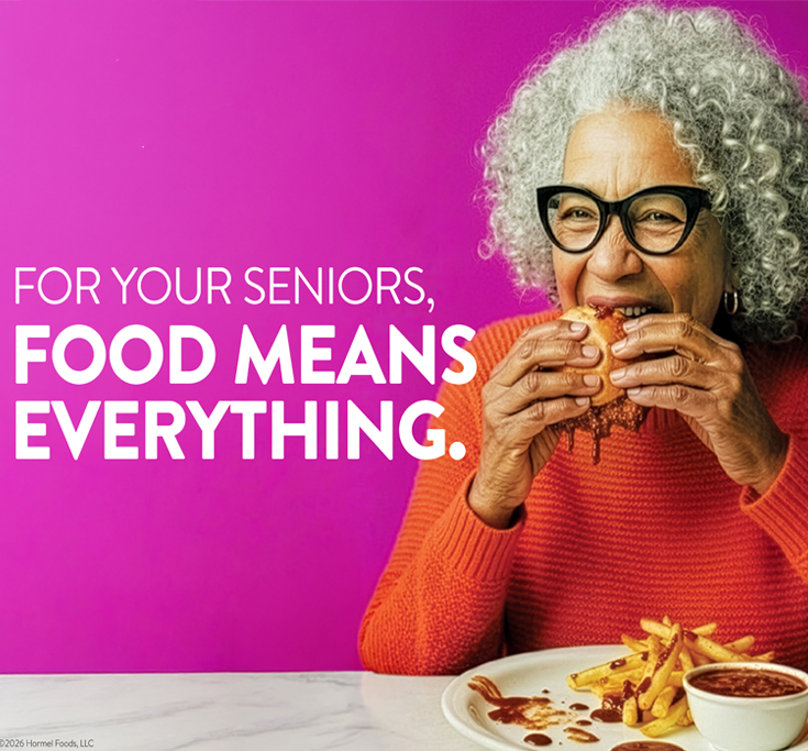 Hormel Foodservice logo with text that says For your seniors food means everything featuring an image of an elderly woman eating a barbecue sandwich with french fries.
